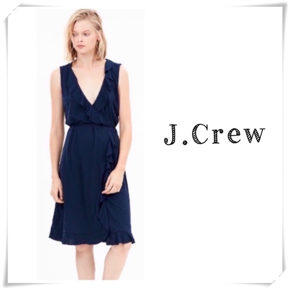 J Crew Sleeveless Ruffle Wrap Dress Women’s XS Navy Blue Party Cocktail Preppy - Picture 6 of 6
